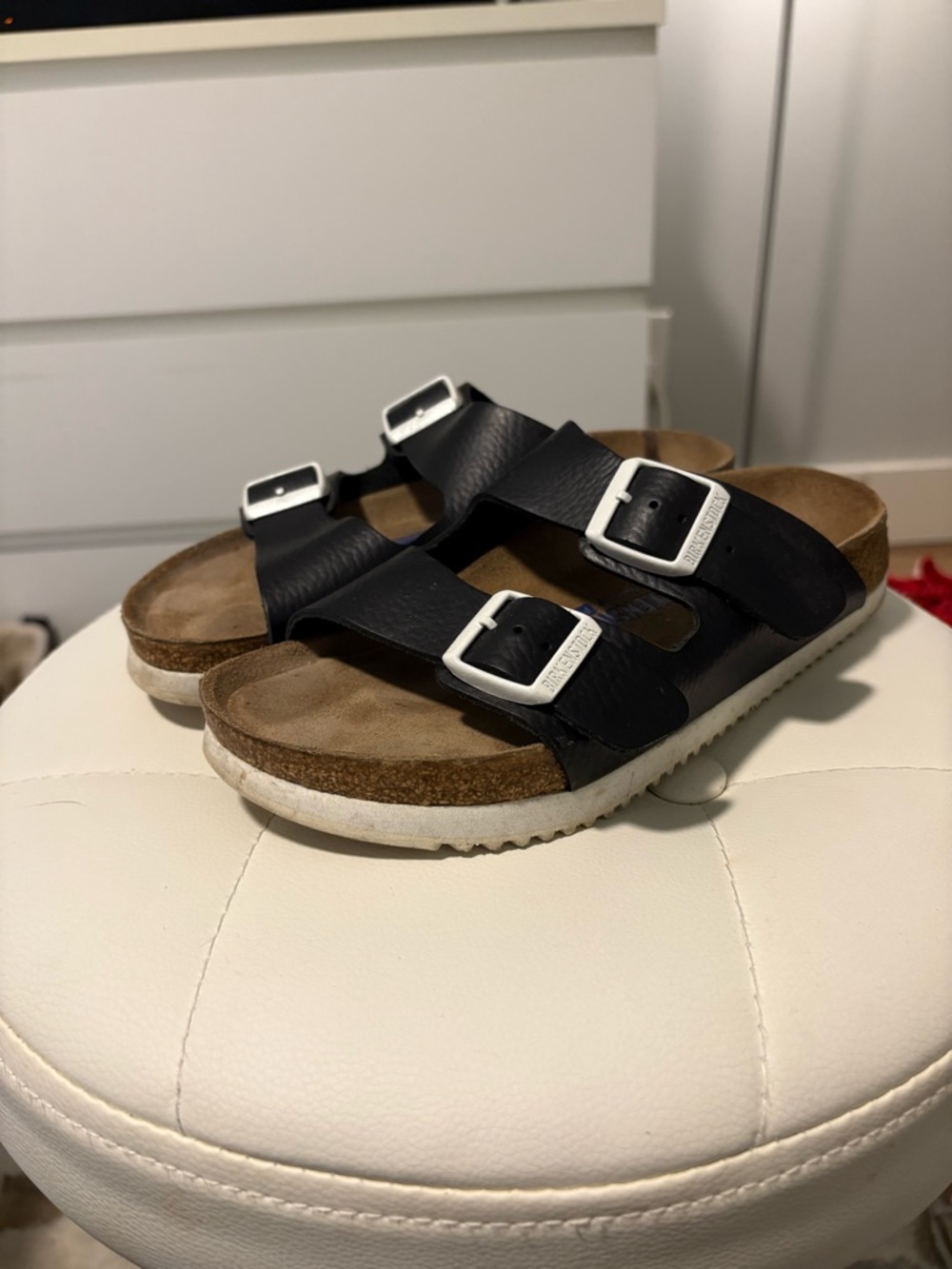 Birkenstock Black Leather Two-Strap Sandals with White Buckles - Picture 2 of 5